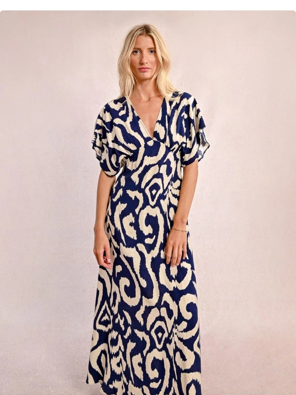 Molly Bracken Navy & Cream Printed V-Neck Maxi Dress